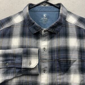 Kuhl Flannel Shirt Men’s Large Blue Gray Plaid Long Sleeve Button Up Outdoor